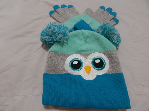 Tassel Cap Winter Hat Gloves Set Girls Kids One Size Owl NEW 2pc Pom Skully OSFM - Picture 5 of 12