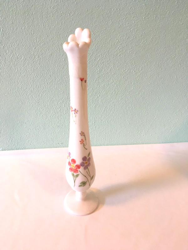 WESTMORELAND MILK GLASS SWUNG 11 1/2" BUD VASE HP FLORAL DECOR