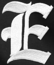 3" Fancy White Old English Alphabet Letter E Embroidered Patch