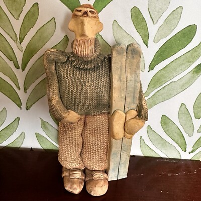 Studio Pottery Art Figurine Nordic Man Holding Ski With Snow Glasses Handmade 8''