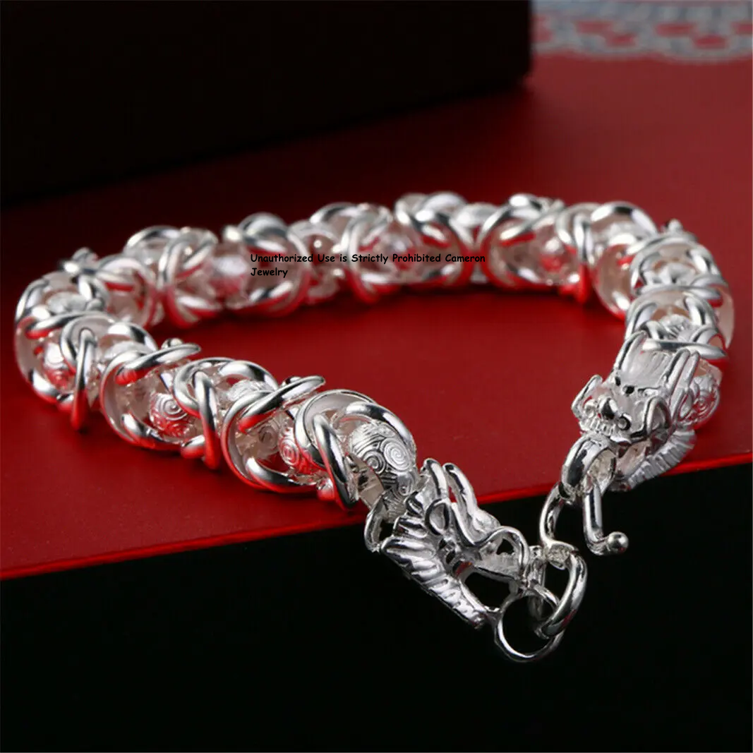 Pure S999 Fine Silver Chain Dragon Head 8-9mm Byzantine