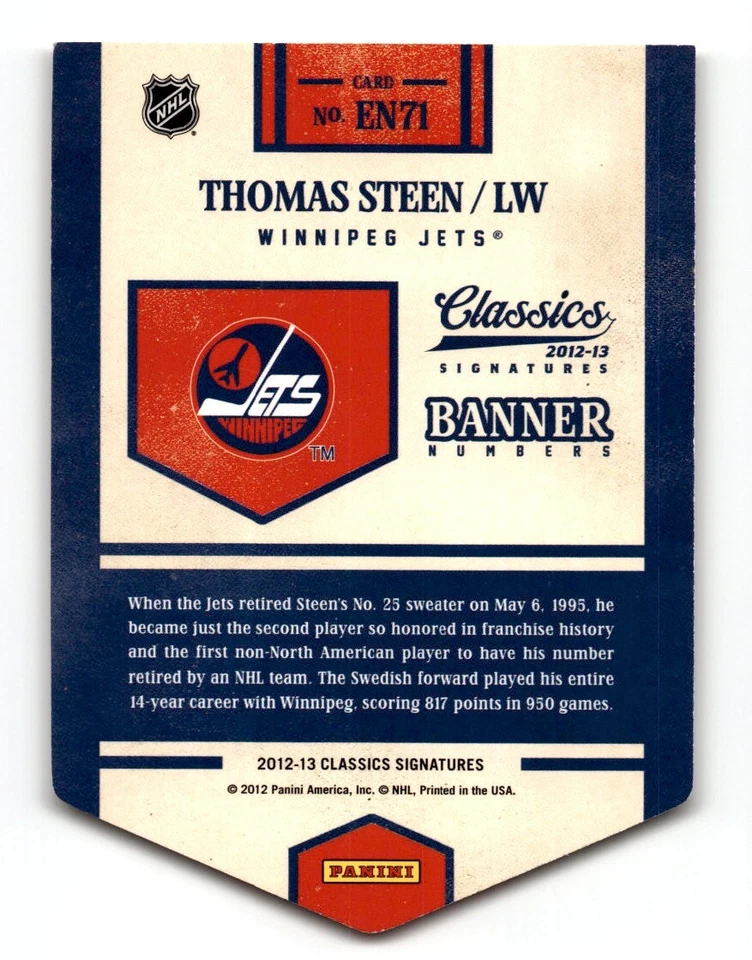Thomas Steen 2012-13 Panini Classics Signatures Banner Numbers #EN71 Winnipeg - Image 2 of 2