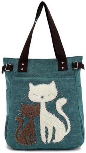 Canvas Tote Handbag for Women Cute Cat Embroidery Shoulder Purse Large Zipper Tr - Picture 3 of 11
