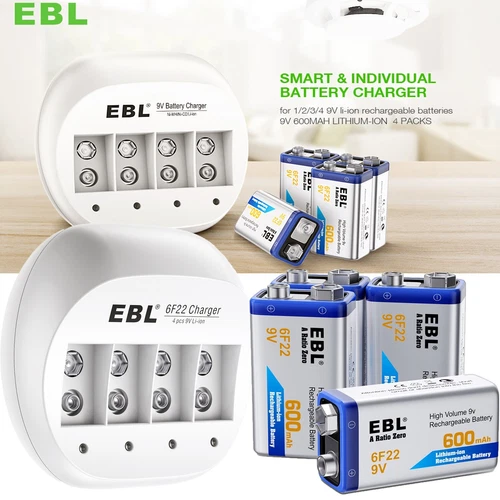 EBL 4x 600mAh 9V Li-ion Rechargeable Batteries w/ 9V Lithium ion Battery Charger