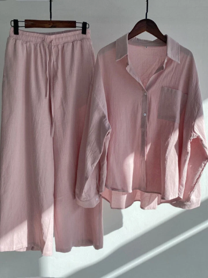 Conjunto de 2 Pantalones Camisa Mujer Verano Lino Manga Larga Camisa Traje Mujer Traje Foto 3 de 4