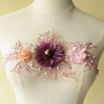 Perline Ricamo Costume Pizzo Applicazione 3D Seta Fiori Sera Abito