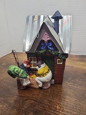 Department 56 Snowmen Fishing & Playing Checkers Outside Of House Tin Roof...