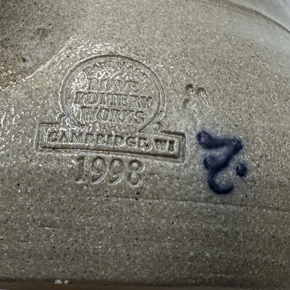 Rowe Pottery Works Salt Glazed Soup Crock Bowl Salt Glaze Blue Floral Design 9” - Image 2 of 4