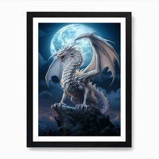 White Dragon In Front Of A Full Moo Framed Wall Art Poster Canvas Print Picture