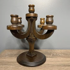 Vintage Wooden Candelabra Centerpiece MCM Farmhouse Boho Dark Walnut 13” Chic