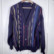 Vintage Coogi Style Mens Cardigan 3D Knit Made In Italy Size Large Blue w/flaws