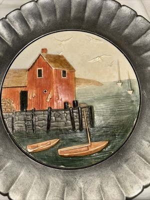 Mascot Pottery Plate 1978 Pewter Frame Seashore Dock Nautical Handmade Preowned