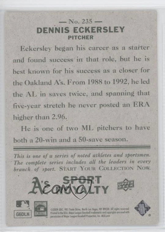 2009 Upper Deck Goudey Sport Royalty Dennis Eckersley #235 HOF - Image 2 of 2