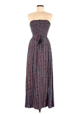 Band of Gypsies Dress Small Maxi Boho Smocked  Navy Strappy Long Slit Sundress
