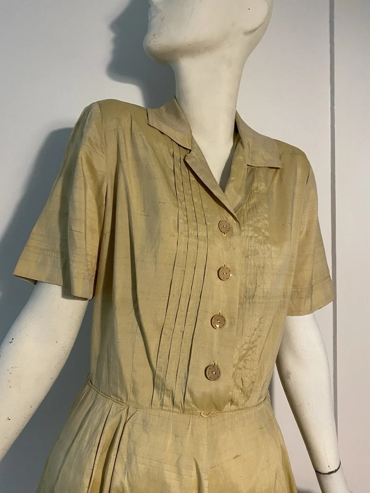 1940-х годов винтажный George Hess оригиналы шелковая рубашка талии день платье золото короткий рукав 40-х - Изображение 3 из 4