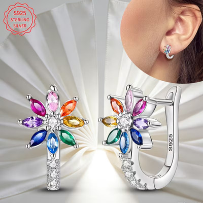 925 Sterling Silber Regenbogen Blume Zirkonia Huggie Ohrringe in Geschenkbox