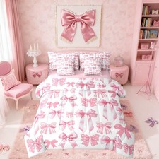 Pink Ribbon Bows Twin Comforter Set with Sheets 7 Piece Girly Princess Bowkno...