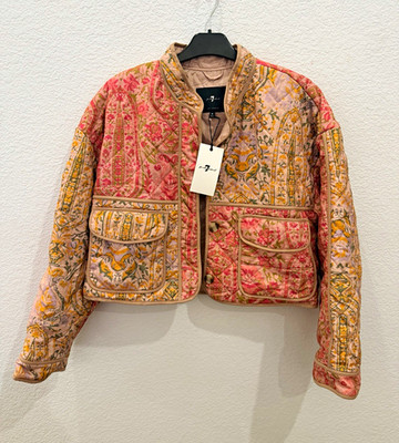 7 For All Mankind Women s M Short Quilted Floral Zip Jacket Pink Gold