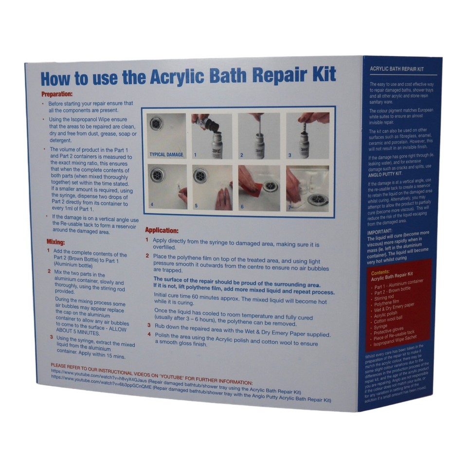 Acrylic Bath Repair Kit White, Repairs Chips, Scratches, Cracks, Splits