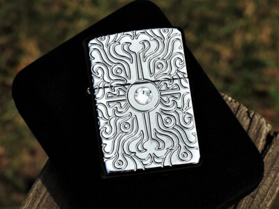 Zippo Lighter - Ornate - Swarovski Crystal - Deep Carved Armor