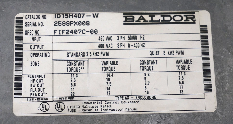 USED BALDOR ID15H407-W AC INVERTER SPEC. NO. FIF2407C-00, ID15H407W - Image 4 of 4