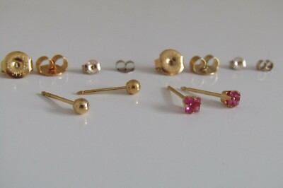 2 Pairs of 9ct Yellow Gold Stud Earrings - 3mm Ball and 3mm Fuchsia Pink Crystal