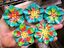 FIVE flat metal flowers for Crafts, jewelry, embellishments, accents, blue green