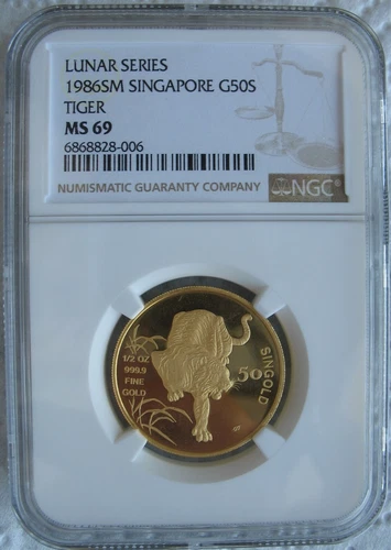 Singapore 1986 1/2oz Gold 50 Singold NGC MS-69 Lunar Series -Tiger
