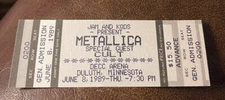 METALLICA/CULT RARE UNUSED CONCERT TICKET DULUTH, MN 06/08/1989