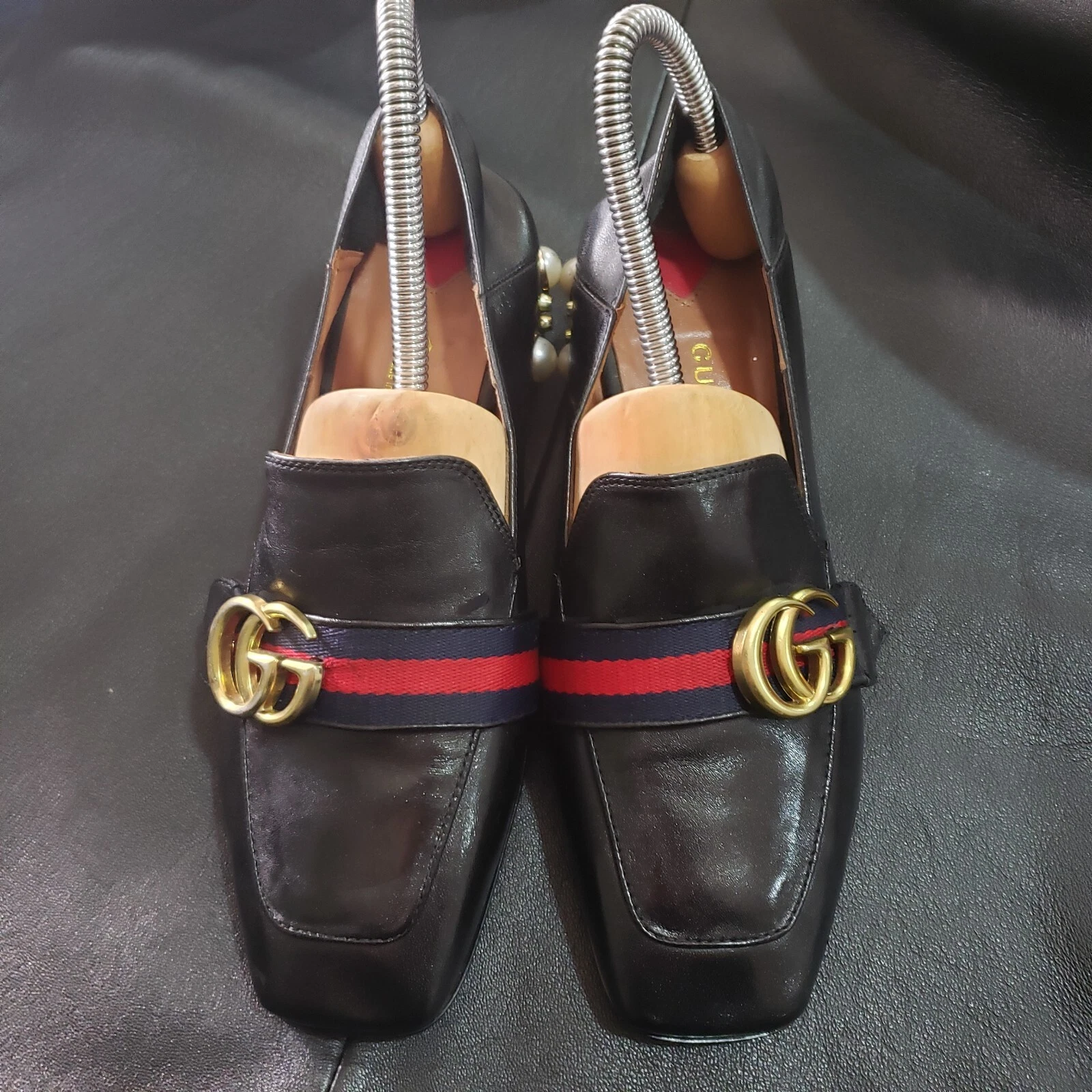 Mocassins femme GUCCI Peyton cuir noir ornés de perles EU 37   US 7