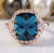 6.80 Carat Natural London Blue Topaz and Diamonds in 14K Solid Rose Gold Ring
