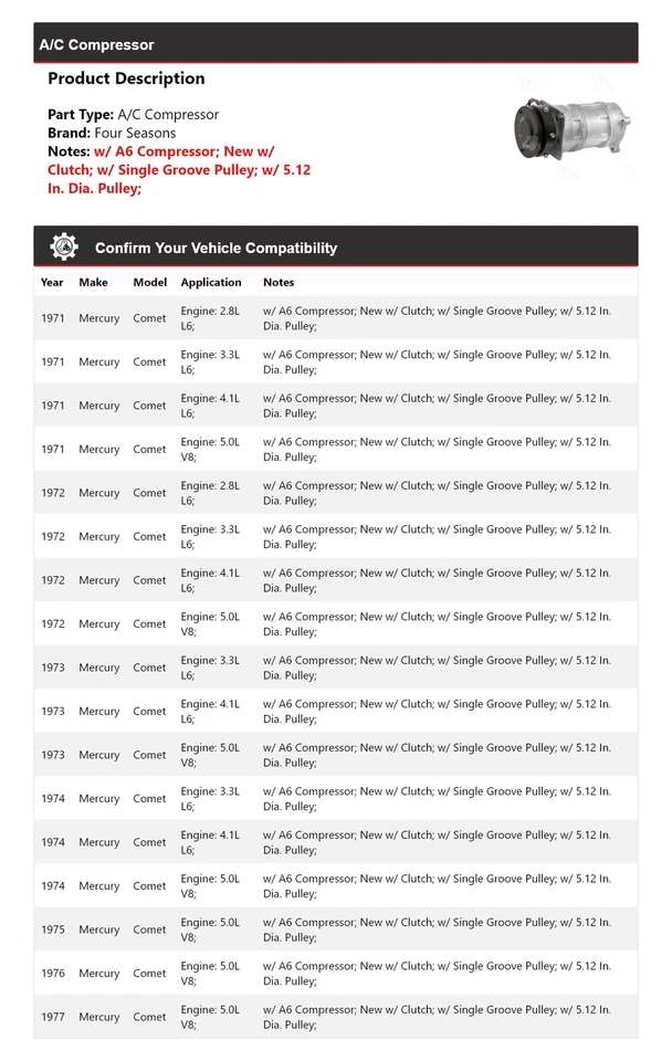 Compresor de aire acondicionado Mercury Comet 1971-1977 4 estaciones 1972 1973 1974 1975 1976 Foto 2 de 4