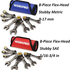 WORKPRO 8PCS Flex-Head Stubby Ratcheting Combination Wrench Set w/Rolling Pouch