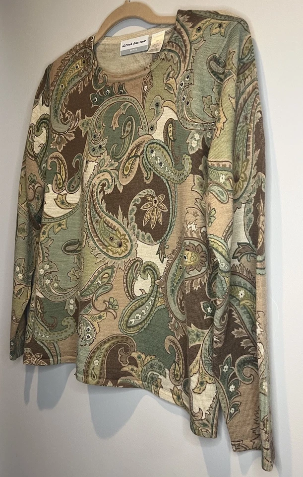 Alfred Dunner Knit Top Women’s Size PXL Green & Brown Paisley 3/4 Sleeve - Image 2 of 4