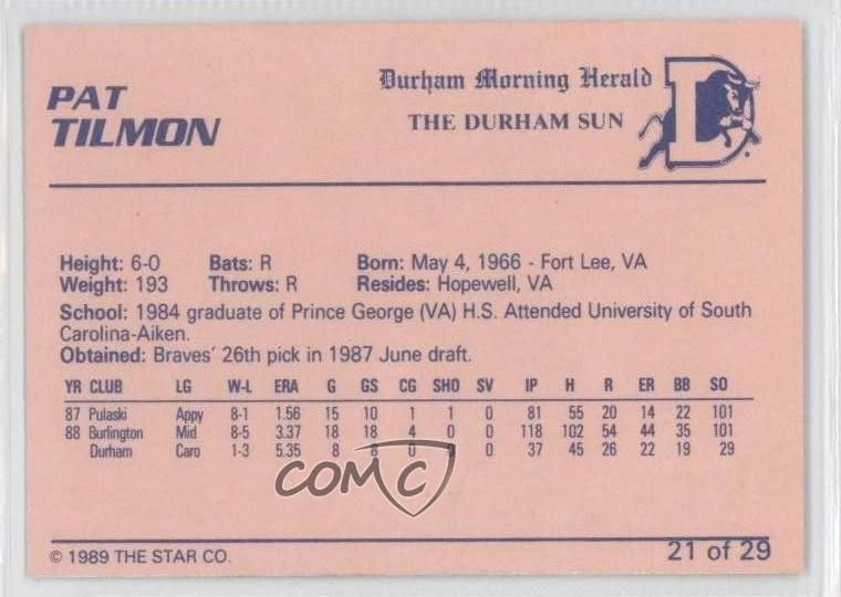 1989 Star Durham Bulls Blue/Orange Pink Card Stock Pat Tilmon #21 - Image 2 of 2