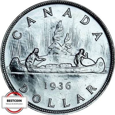KANADA KM 31  1 $ Pelzhändler und Indianer im Kanu von 1936 in VZ-STG  5072 - Bild 1 von 2