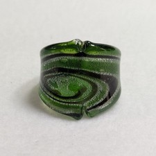 Art Glass Ring Size 9 Green Brown Silver Banded Swirls