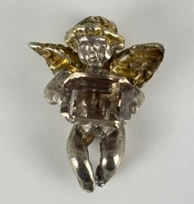 Vtg STERLING SILVER Gold Wash Cupid Cherub Angel GEMSTONE CHARM Necklace PENDANT