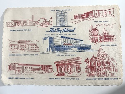 Vintage Troy Ohio Restaurant Paper Placemat - Landmarks First National Bank