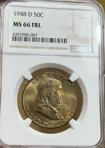 1948-D Franklin Silver Half Dollar NGC MS66 FBL Beautiful Tone with High Luster