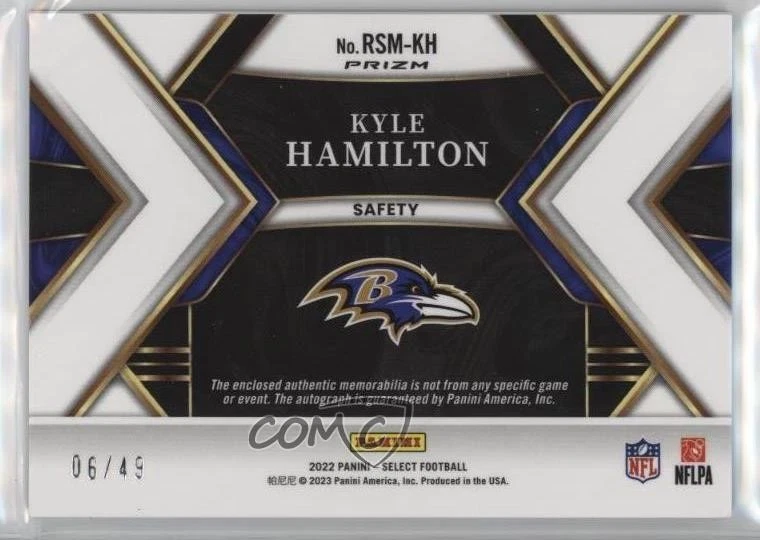 2022 Select Rookie Signature Memorabilia Purple Prizm /49 Kyle Hamilton Auto RC - Image 2 of 2