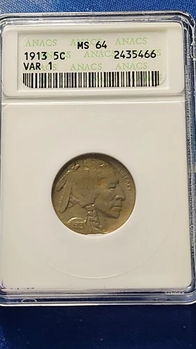 1913-P 5c Type 1 Buffalo Nickel ANACS Soapbox Holder MS 64 Slight Gold Toning !!