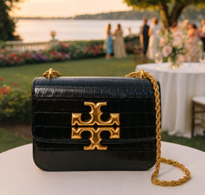 NEW Tory Burch Eleanor Black Embossed Leather Small Convertible Shoulder Bag