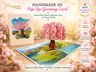 Origami Pop Cards Plum Pink Cherry Blossom Tree on Green Fields Happy Birthday
