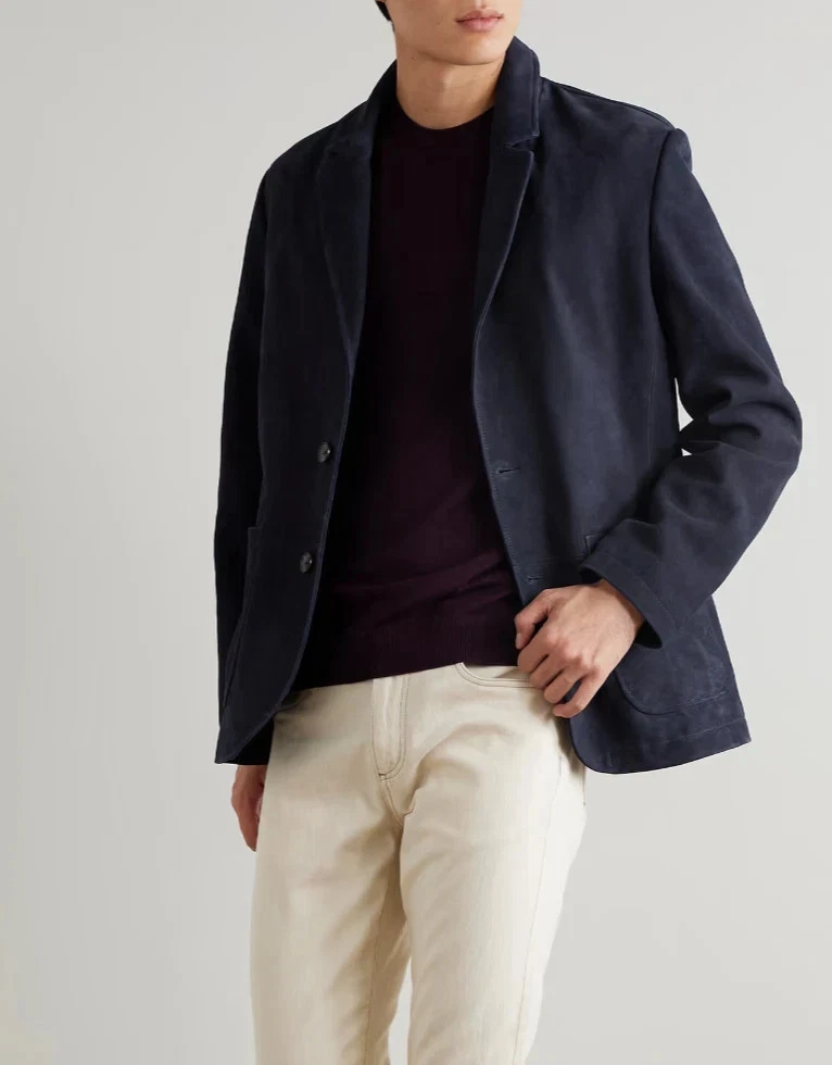 Navy Blue Men's Suede Blazer Pure Sheepskin 2 Button Custom Made Coat Blazer