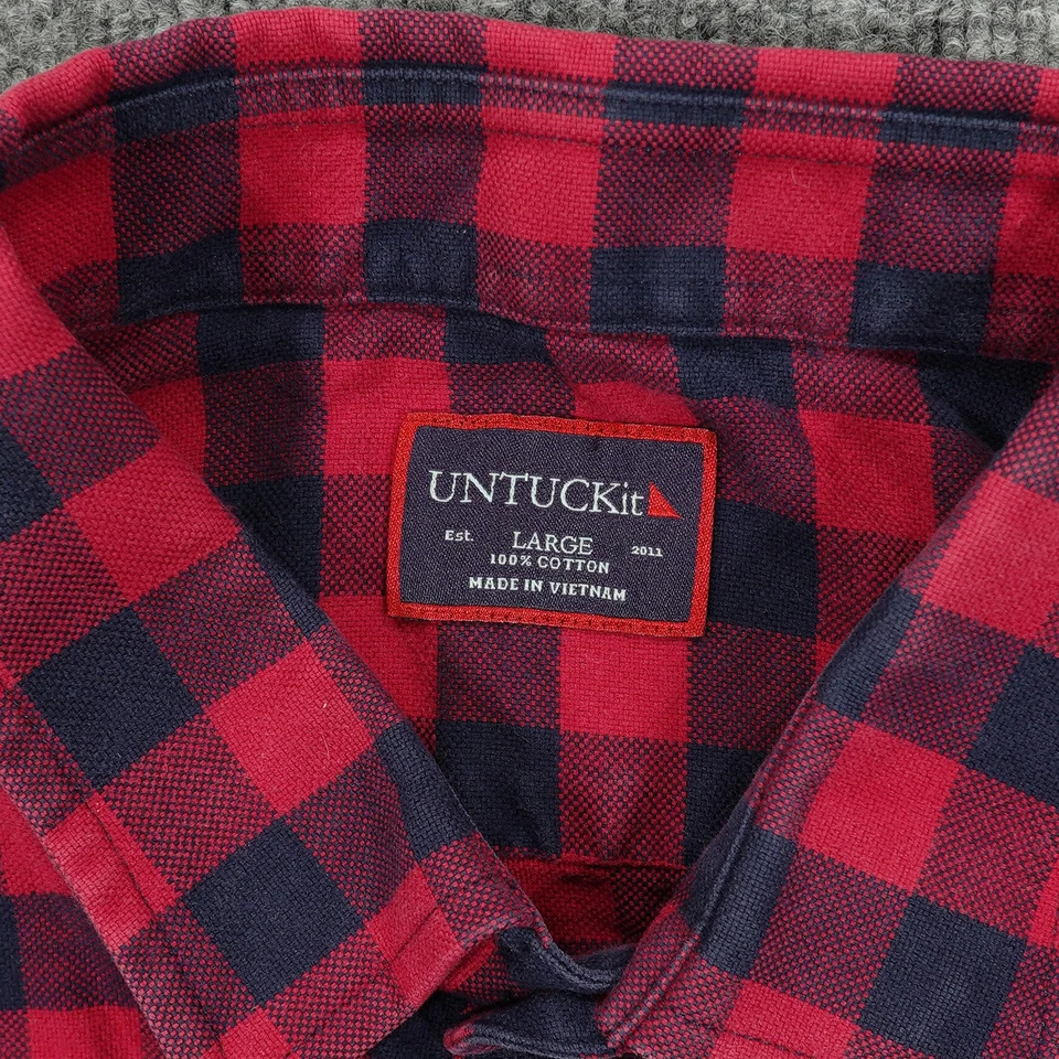 UNTUCKit Shirt Mens Large Red Navy Buffalo Plaid Button Down Long Sleeve Casual - Image 4 of 4