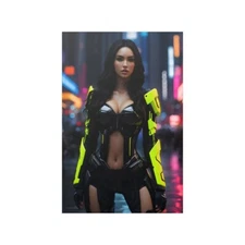 Satin Poster, Beautiful Cyberpunk Woman f4, Dystopian Futurism, AI Art