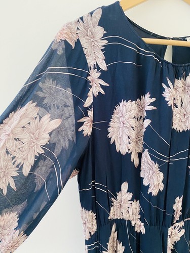 Witchery Midi Dress Size 14 Navy Blue Floral Lined Sheer Long Sleeve Asymmetric - Picture 5 of 14