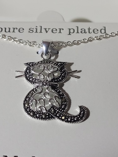 Sparkle Allure Silver Plated Cat Pendant Necklace With Swarovski Marcasite - Picture 2 of 2