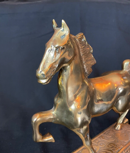 Vintage Brass Walking Horse Statue Figurine On Brass Base Greek Key - Picture 5 of 6